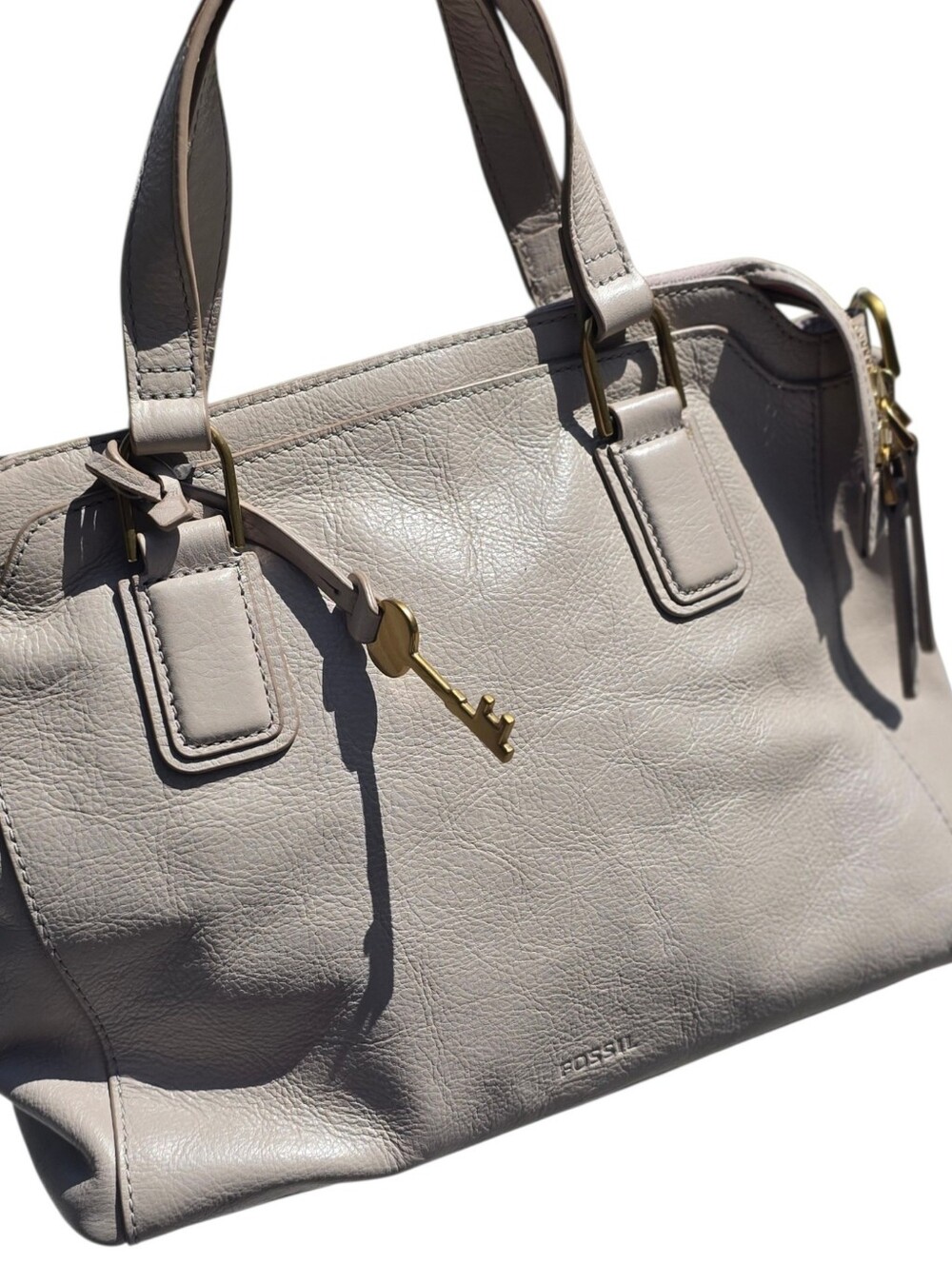 Fossil Sydney Satchel | Genuine Leather Taupe Top Handle Bag with Key Charm